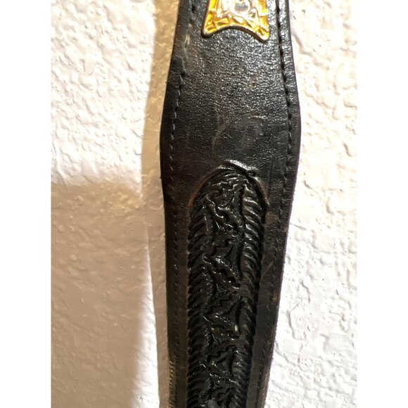 Vtg Western Tooled Leather Belt Silver & Gold Star Conchos Black Sz 38 Unisex - Picture 13 of 14